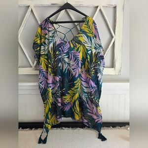 Palisades Beach Club Purple Green Bamboo Sheer Swim Coverup Tunic XS S Tassels